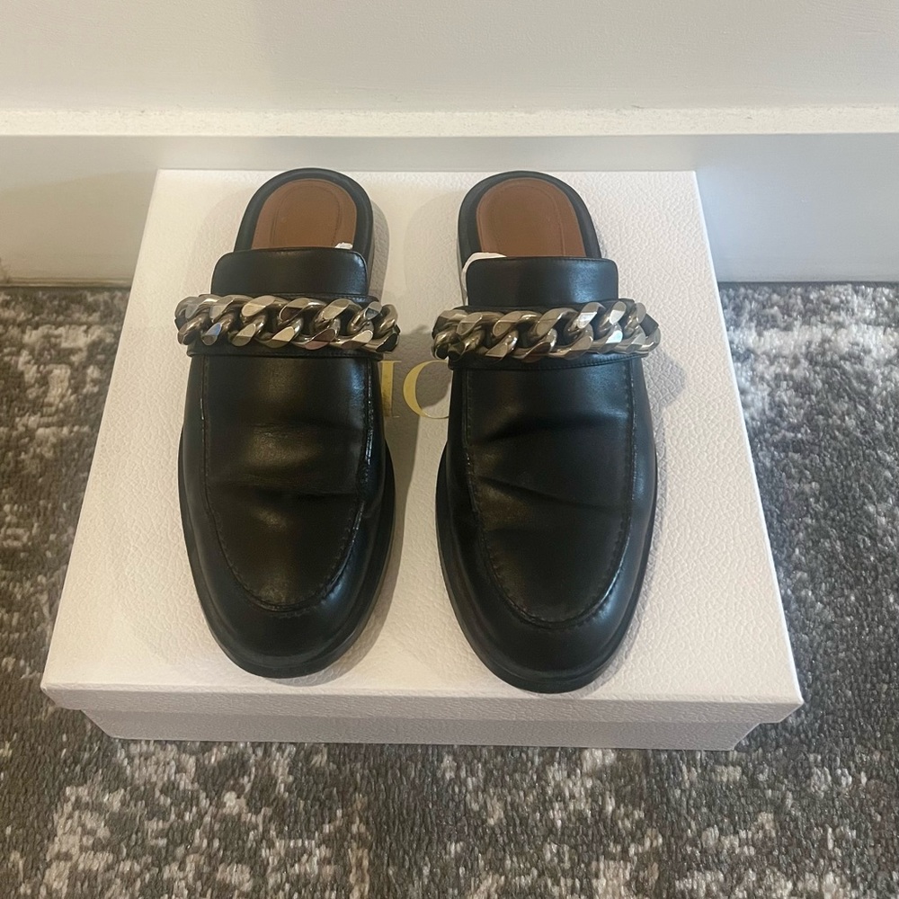 Givenchy Black Slip On Mule Loafers with Chain Link